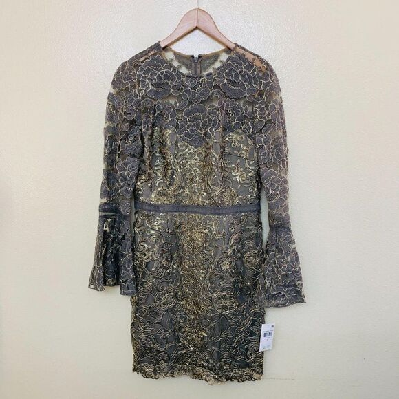 $408 Tadashi Shoji Bell-Sleeve Lace Sequin Cocktail Sheath Dress - Picture 2 of 11